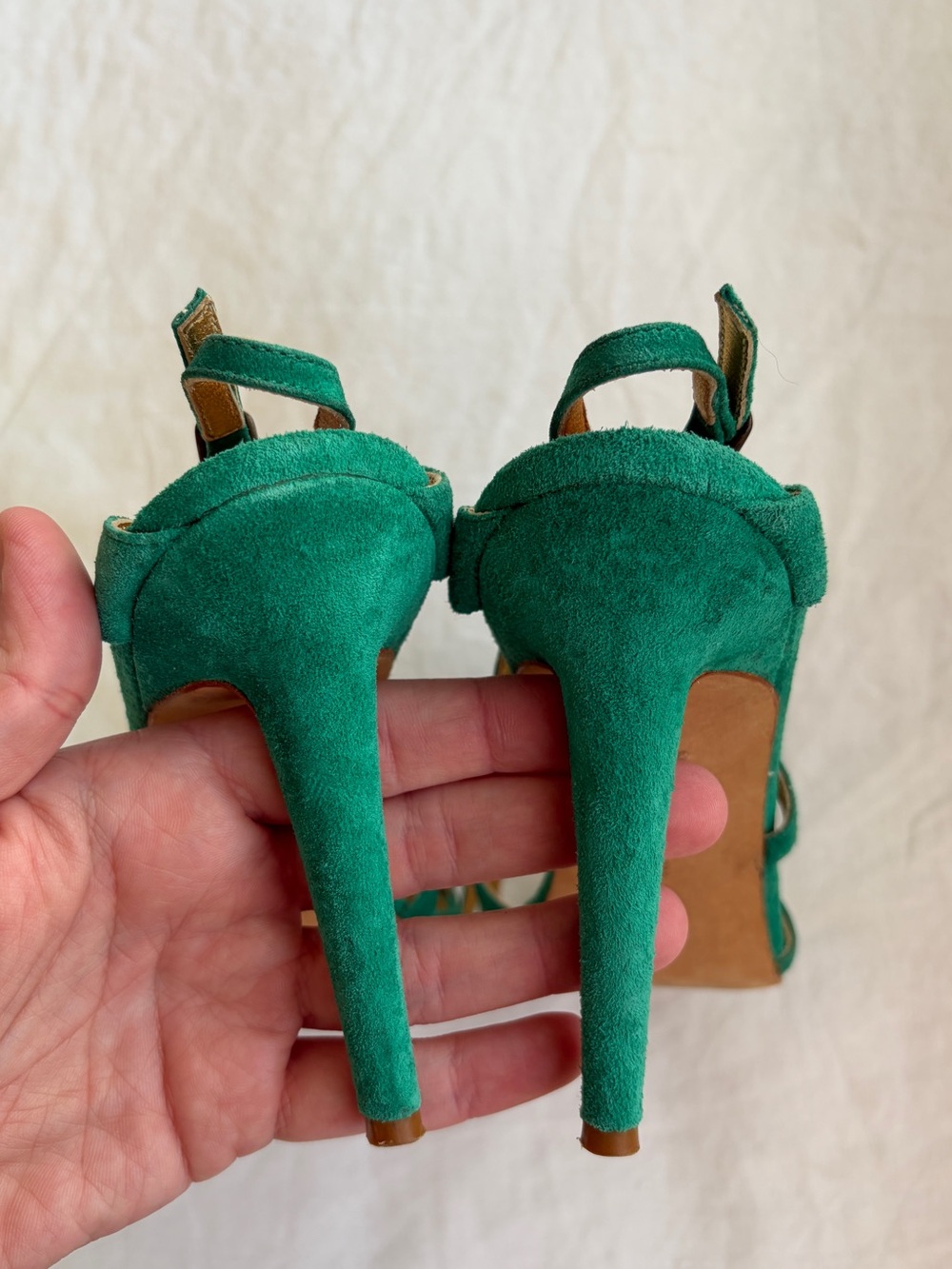 Vintage Manolo Blahnik Suede Strappy Loop Open Toe Heels Emerald Green - Picture 7 of 11